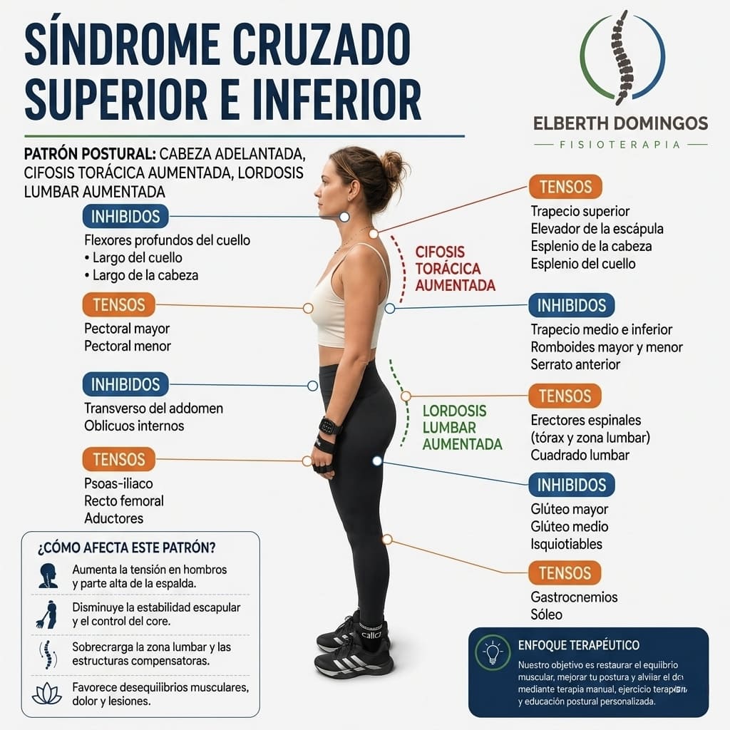 Infograf&iacute;a del s&iacute;ndrome cruzado superior e inferior: m&uacute;sculos tensos e inhibidos en el cuerpo